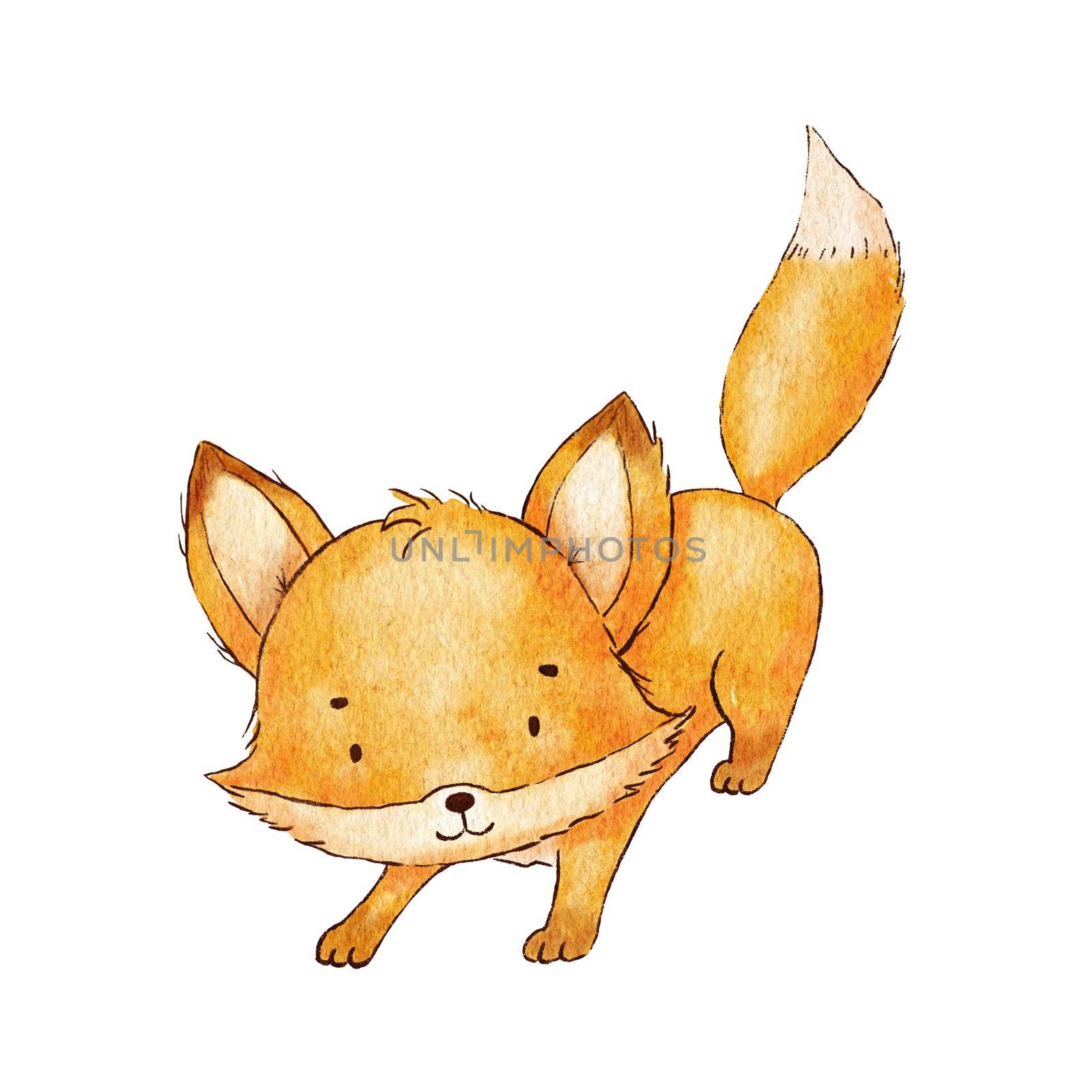 Cute baby fox character. Watercolor childish illustration isolated on white. Woodland little forest animal by ElenaPlatova