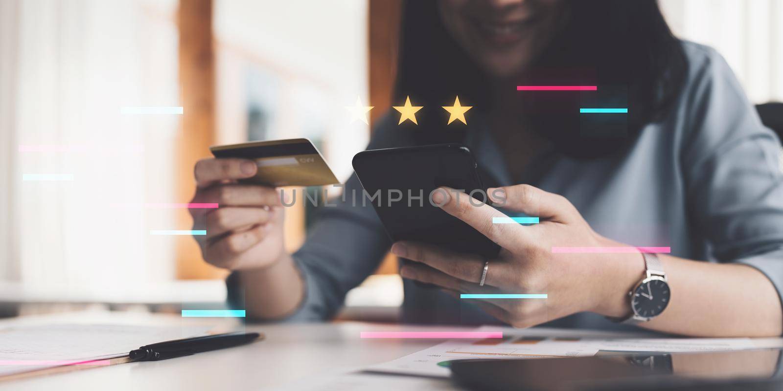 Young woman making online banking to payment with credit card and smartphone. Online Shopping concept