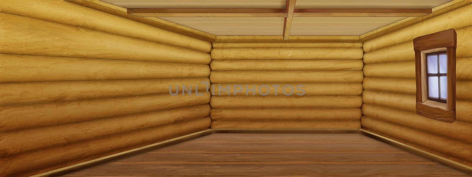 Wooden house interior in retro style. Digital Painting Background, Illustration.