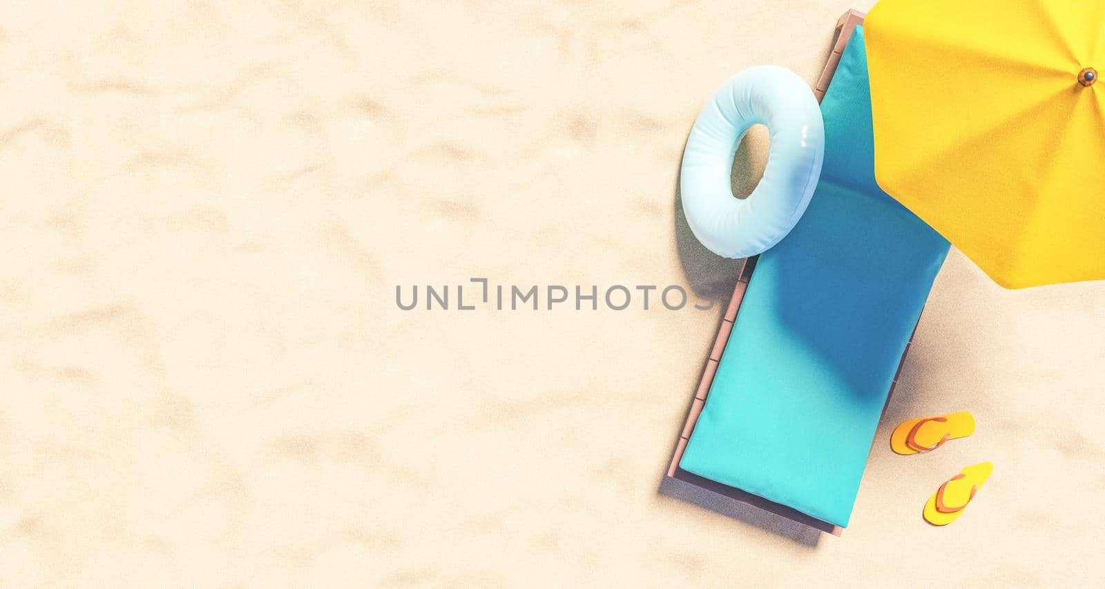 Top view 3D rendering of wooden sunbed with blue mattress and yellow umbrella placed on sandy beach near swim ring and flip flops on sunny day