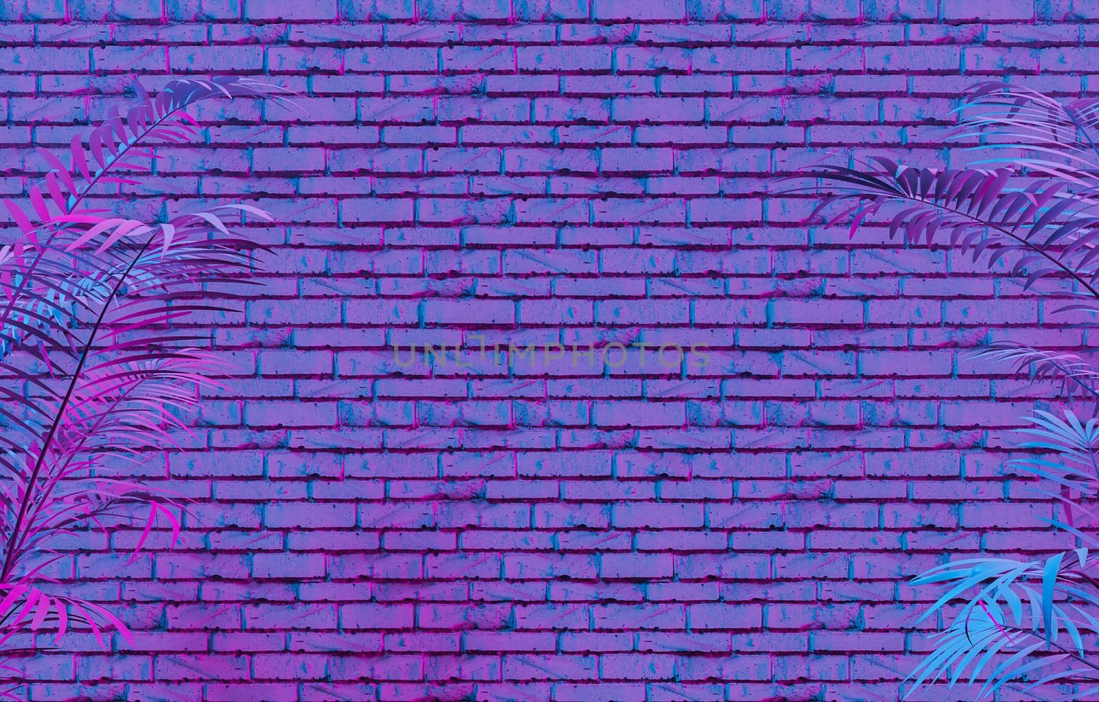 3D rendering of tropical plants growing near brick wall with bright purple neon illumination as abstract background