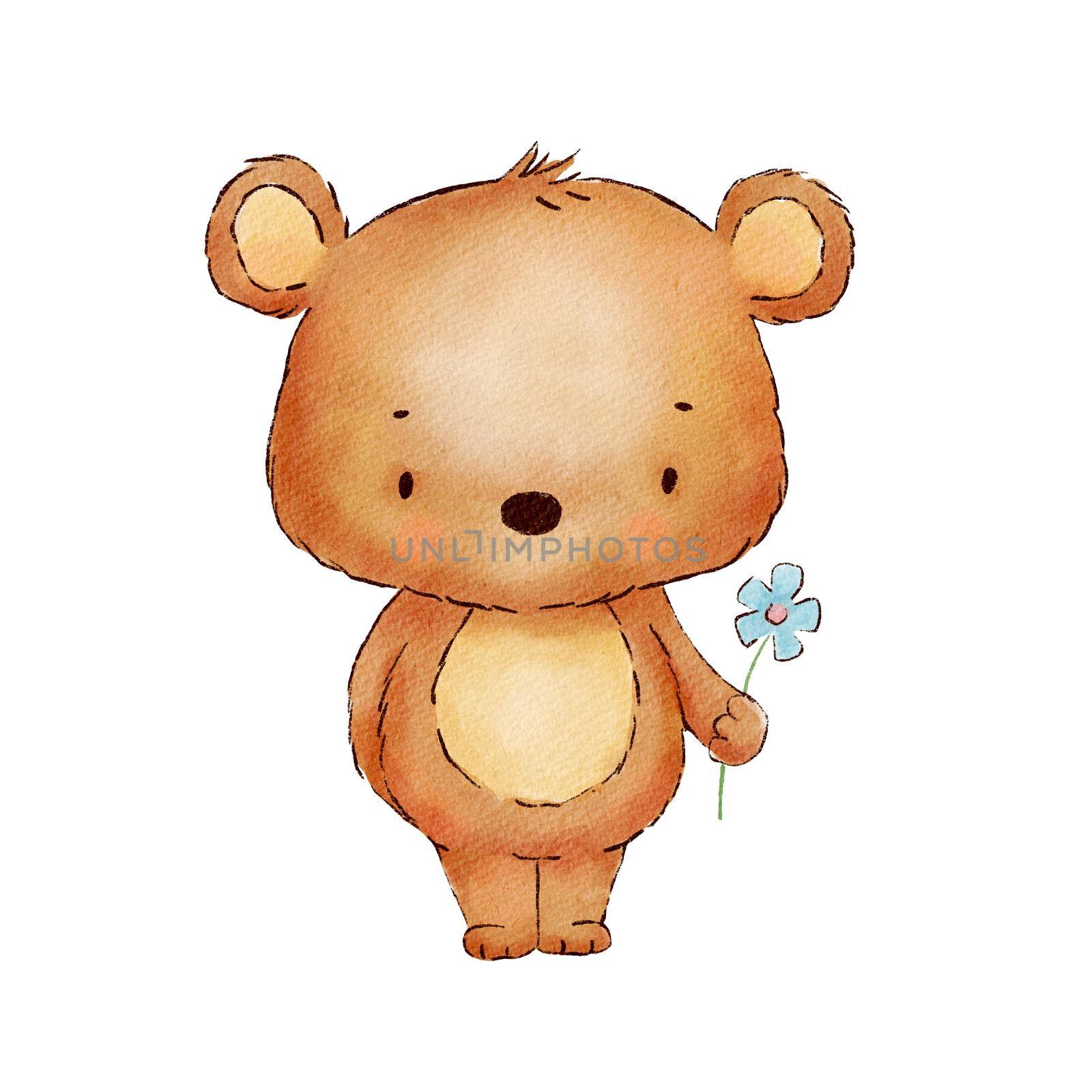 Watercolor illustration Bear with flower. Cute baby bear isolated on white background. by ElenaPlatova