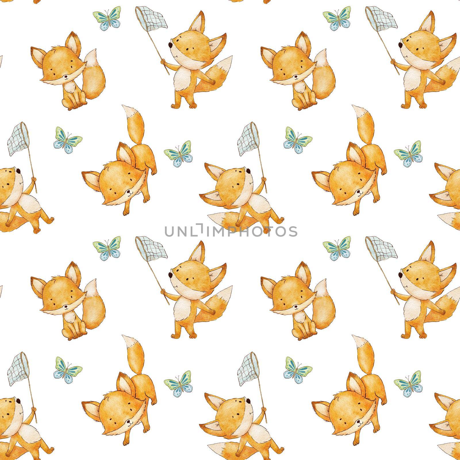 Cute baby fox with butterfly. Watercolor childish seamless pattern. Woodland little animal background by ElenaPlatova