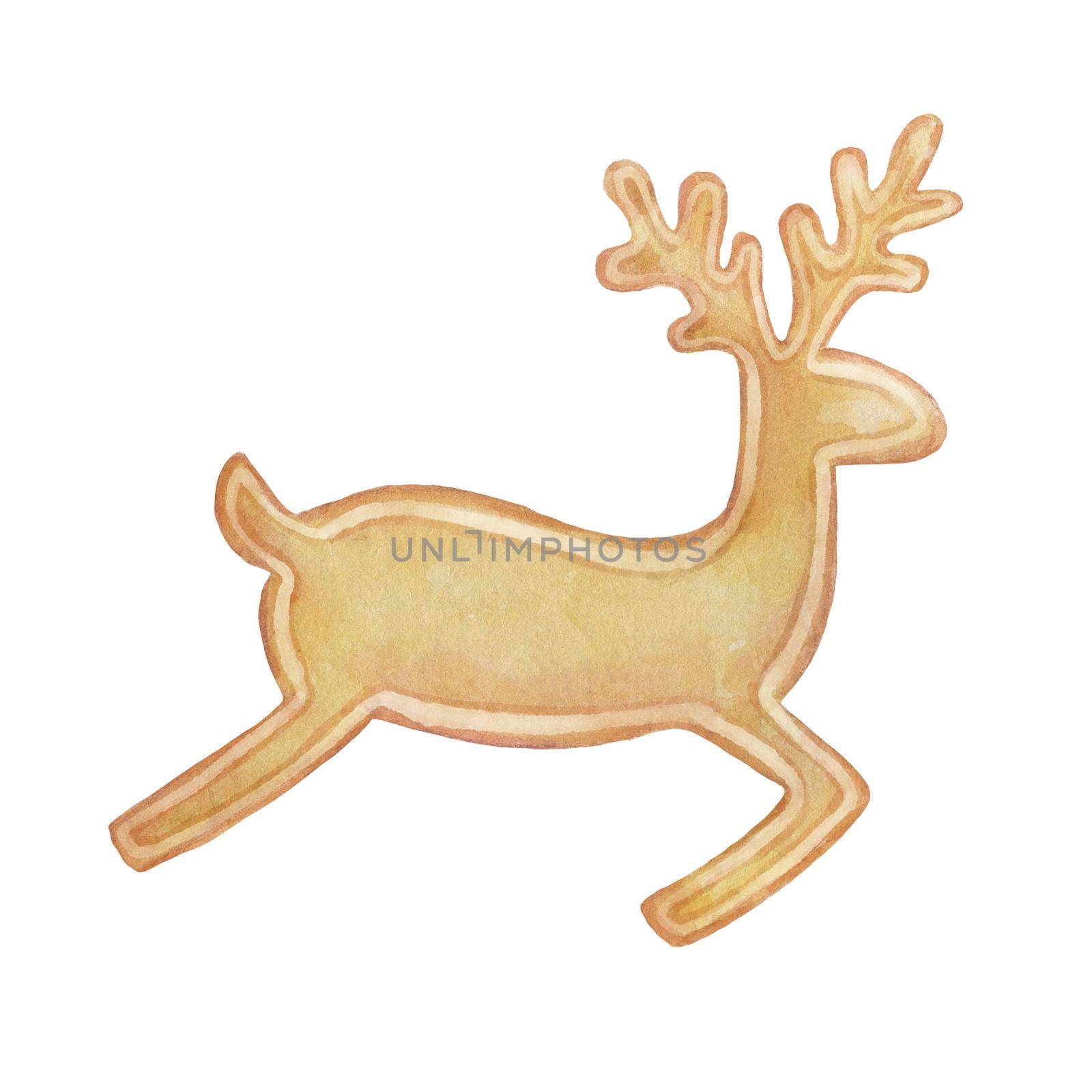 Watercolor gingerbread deer cookie. Painting symbol of Christmas. Hand drawn holiday illustration isolated on white background. Reindeer or elk