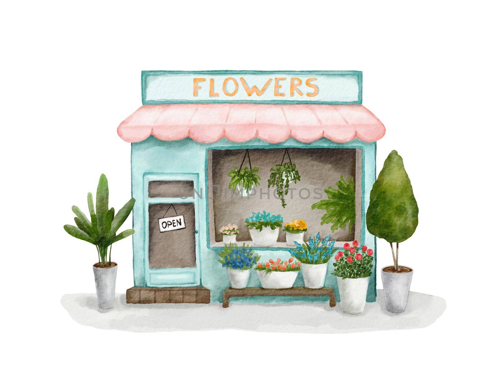 Watercolor illustration. Street shop with flowers isolated on white background. Vintage flower shop facade with colorful houseplant display. by ElenaPlatova