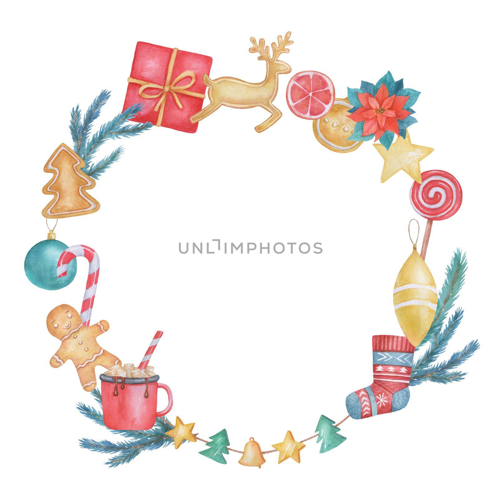 Watercolor wreath with gingerbread deer and man cookies, sweets, Christmas tree branches and cocoa isolated on white background.