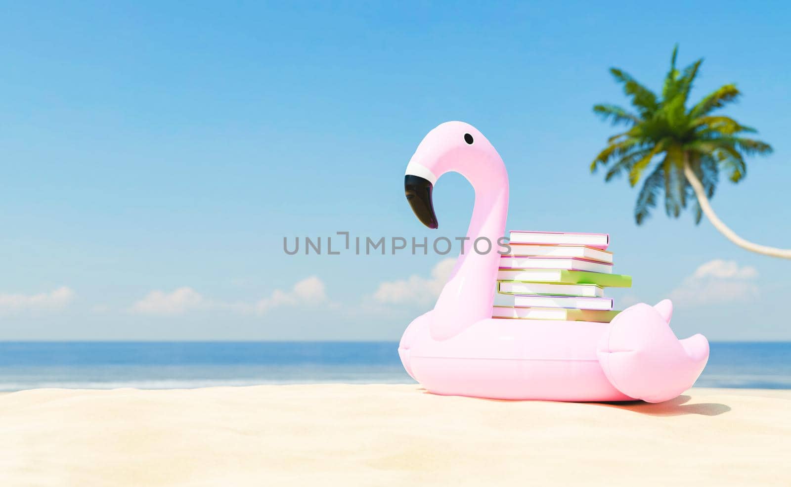 3D rendering of pile of books stacked on pink inflatable flamingo places on sandy beach near sea against bright blue sky in tropical resort