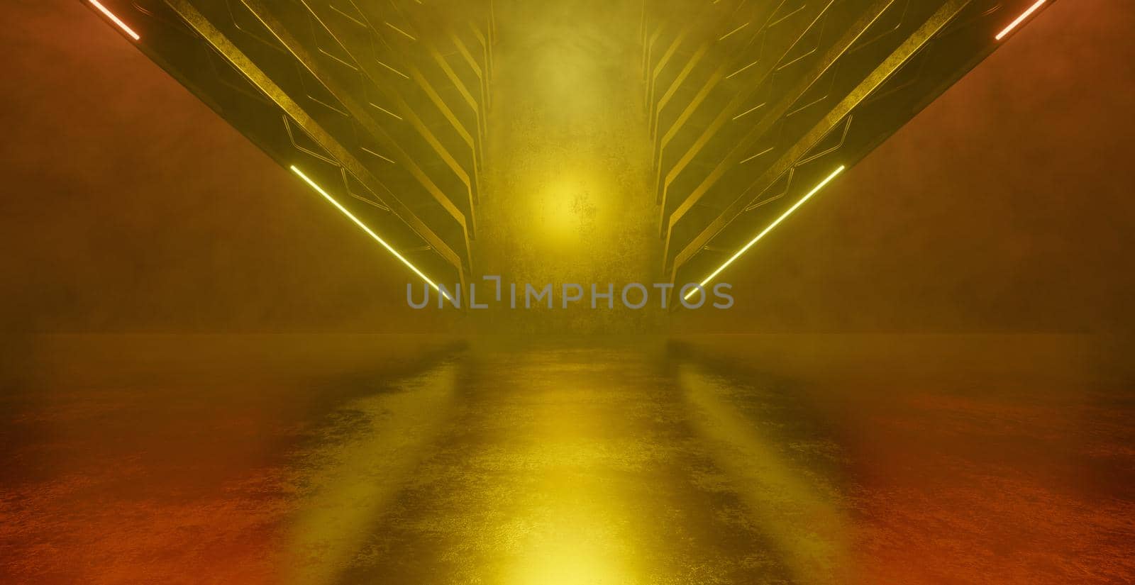 Fantasy Modern Tunnel Corridor Garage Showroom Underground Hall Yellow Brown Abstract Illustration Banner Background Wallpaper 3D Render