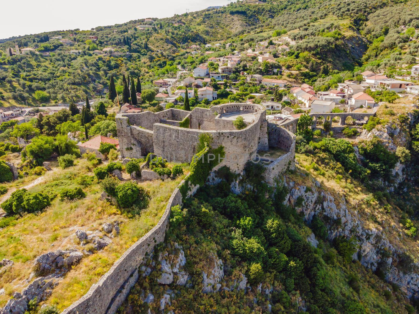 Old city Sunny view of ruins of citadel in Stari Bar town near Bar city, Montenegro. Drone view.