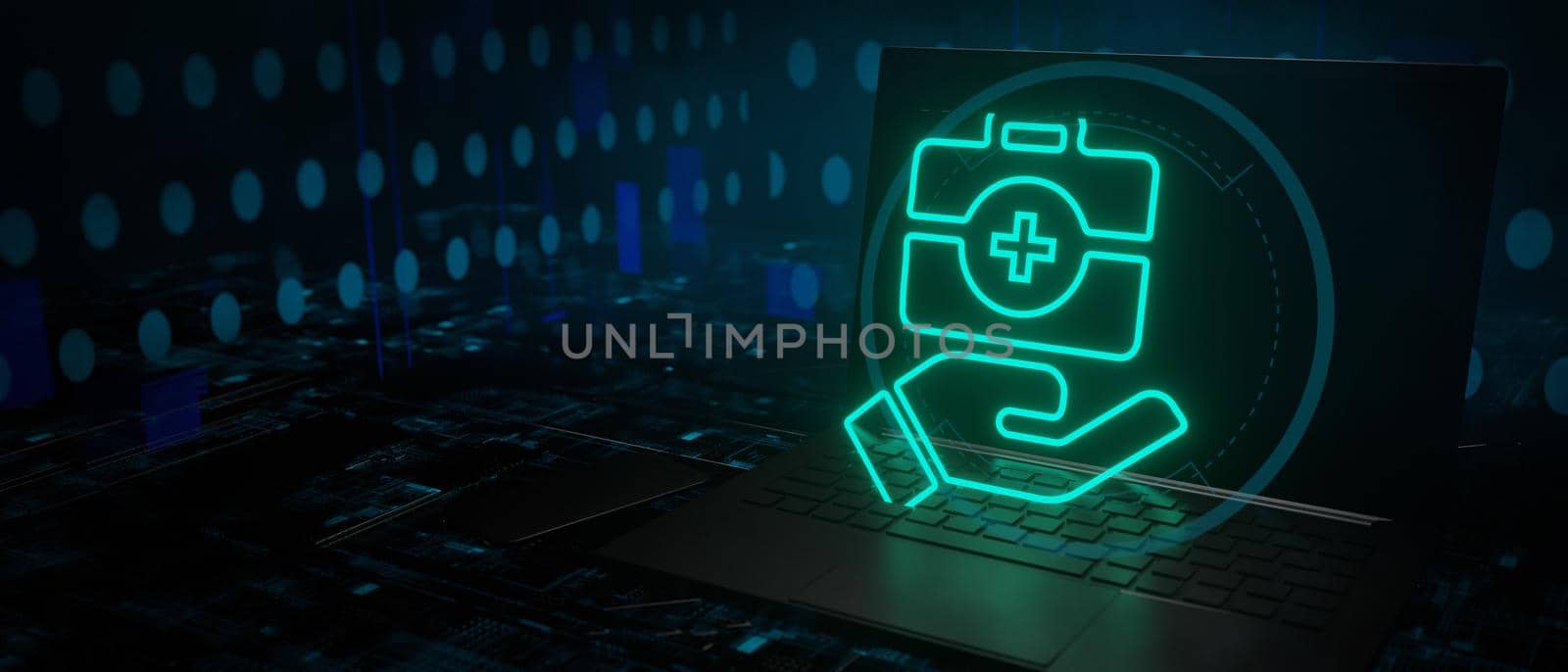 Medical health insurance concept in glowing hologram above laptop technology design 3D Render by yay_lmrb