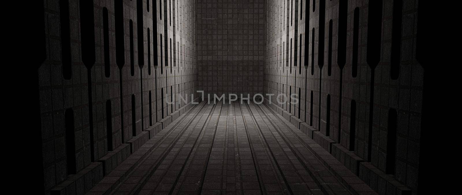 Computerized Inter Galactic Parking Underground Car Warehouse Garage Studio Rough Modern Reflective Spaceship Tunnel Corridor Showcase Gray Background 3D Illustration