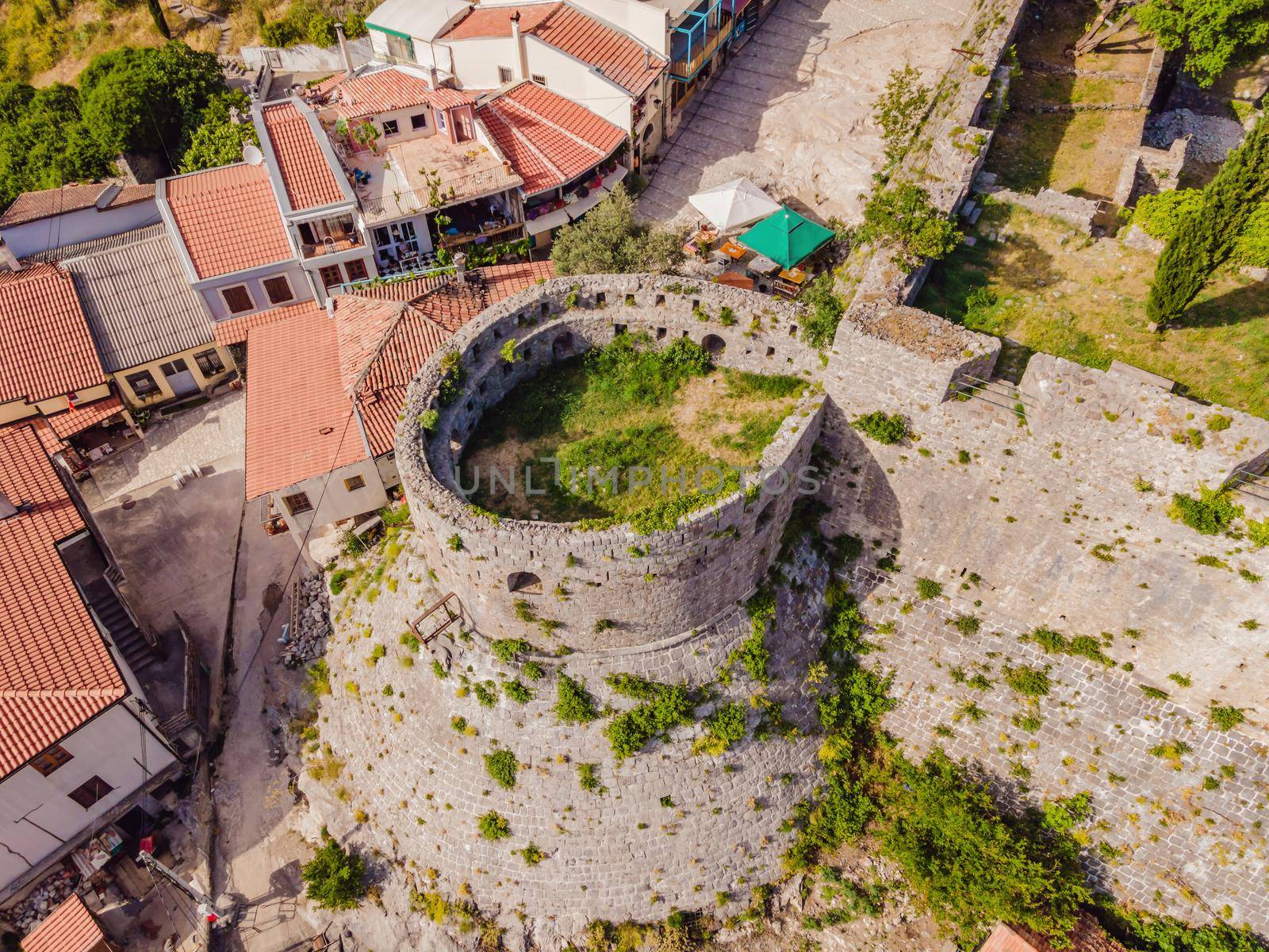 Old city Sunny view of ruins of citadel in Stari Bar town near Bar city, Montenegro. Drone view.