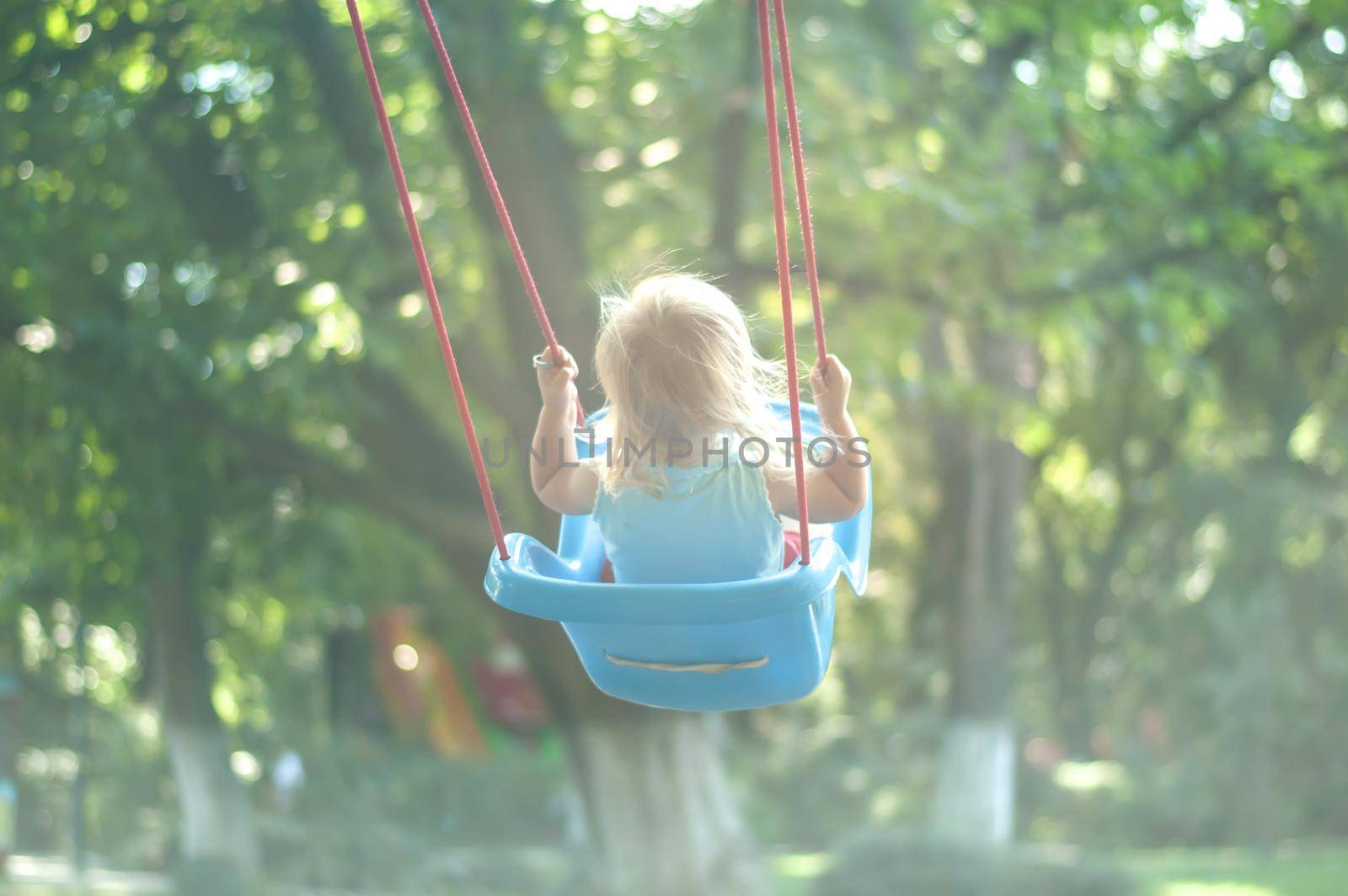 toddler girl on a swing in the park. High quality photo