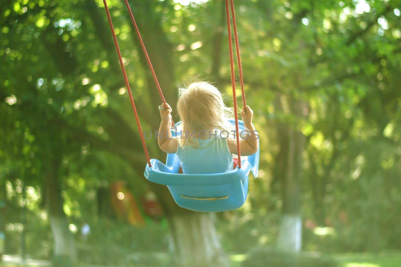 toddler girl on a swing in the park by maramorosz