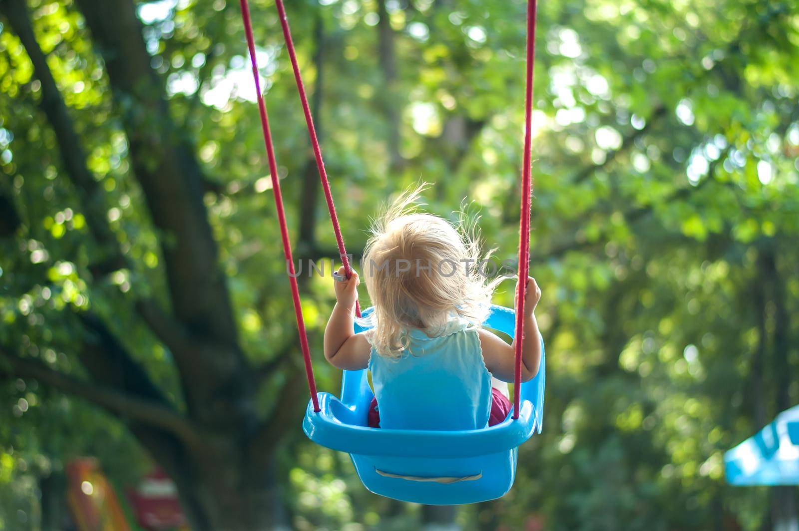 toddler girl on a swing in the park. High quality photo