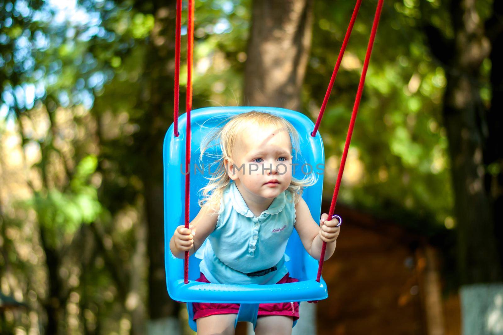 toddler girl on a swing in the park. High quality photo