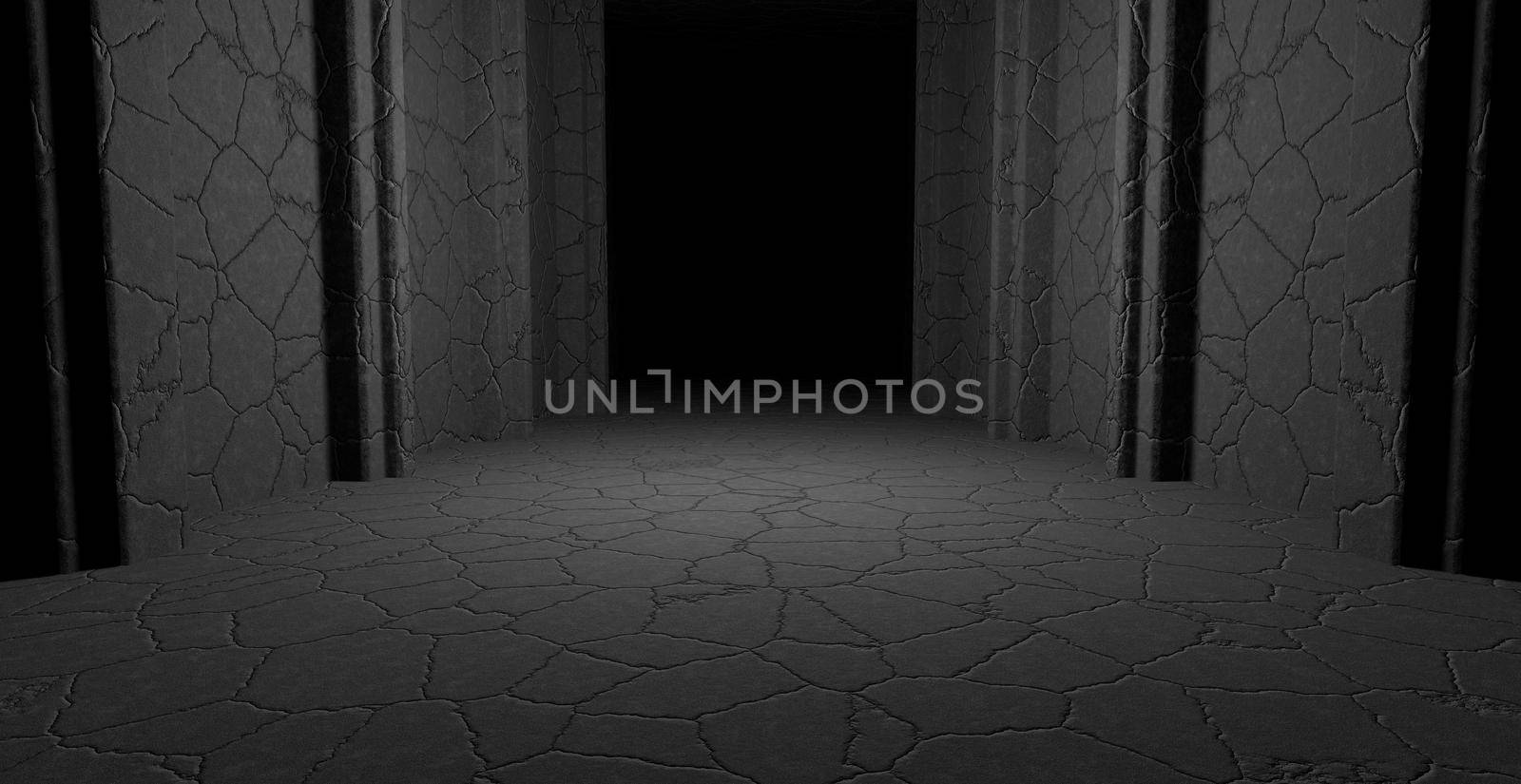 Cyberpunk Industrial Show Stage Track Path Entrance Gate Underground Garage Hall Tunnel Corridor Spotlight Dark Grey Illustrative Banner Background Wallpaper 3D Rendering