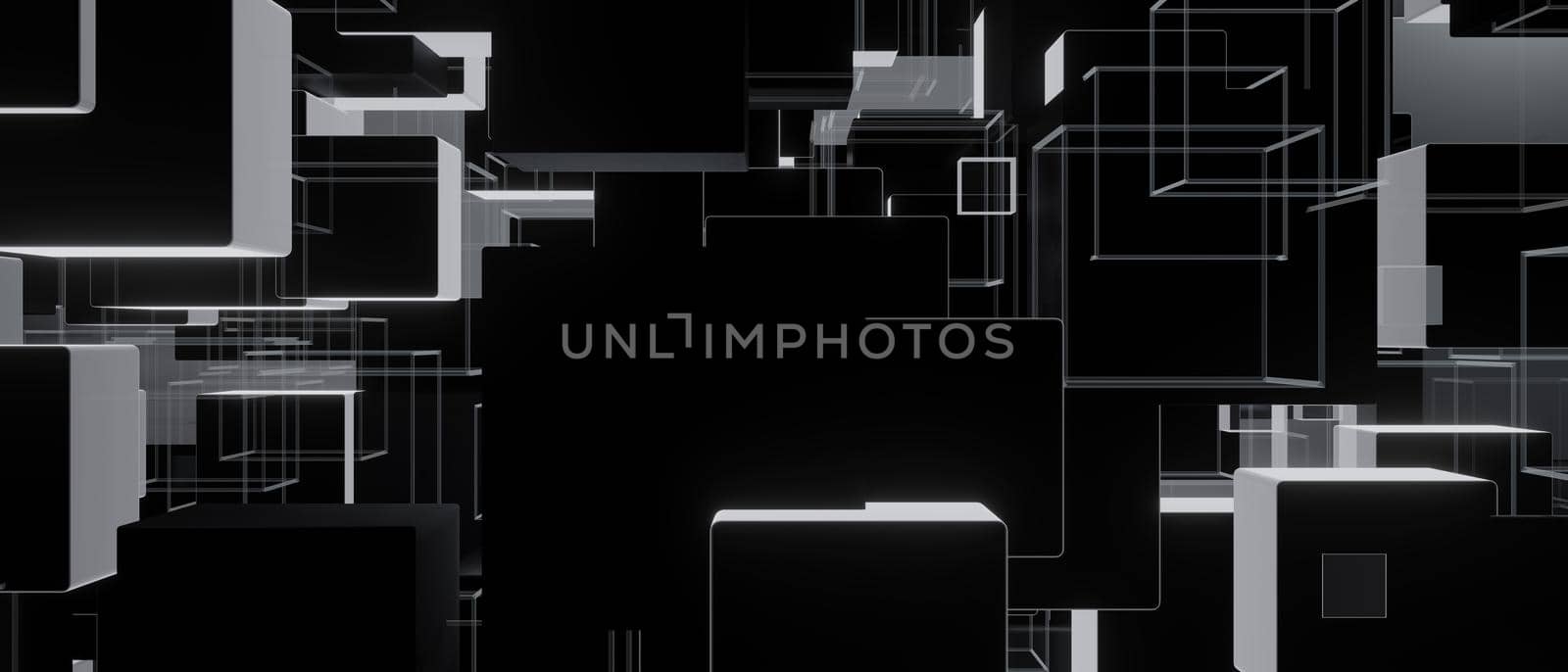 Abstract Network Conveying Connectivity Grey Black Cubes Banner Background Wallpaper 3D Illustration