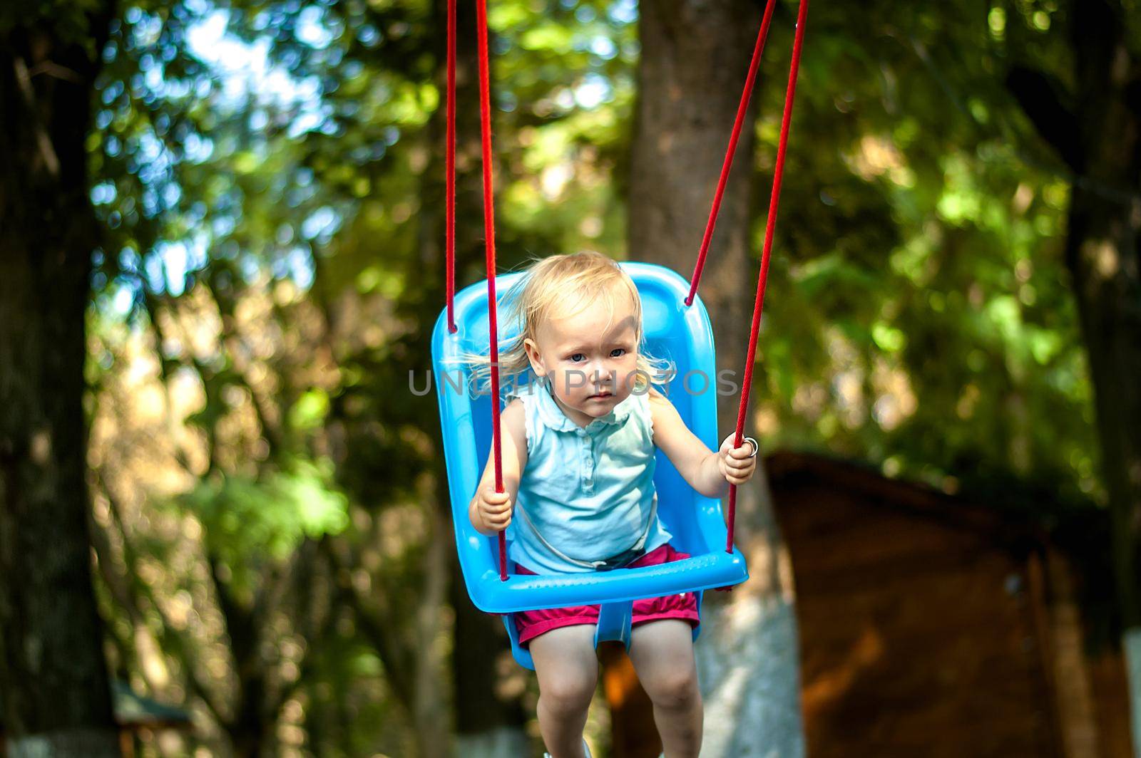 toddler girl on a swing in the park by maramorosz