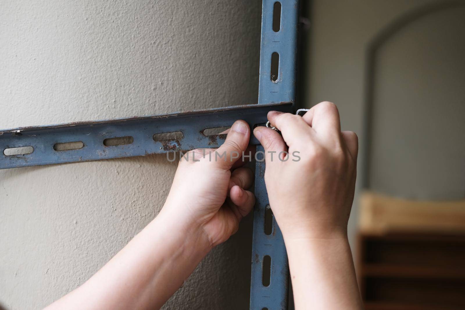 do it yourself concept, Craftsmen to assemble old iron parts. Make a shelf on your free weekend.