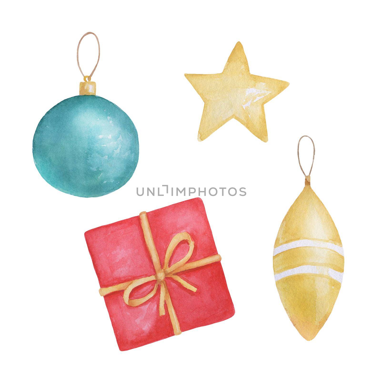 Set of vintage Christmas balls, star and gift box. Watercolor Xmas decoration by ElenaPlatova