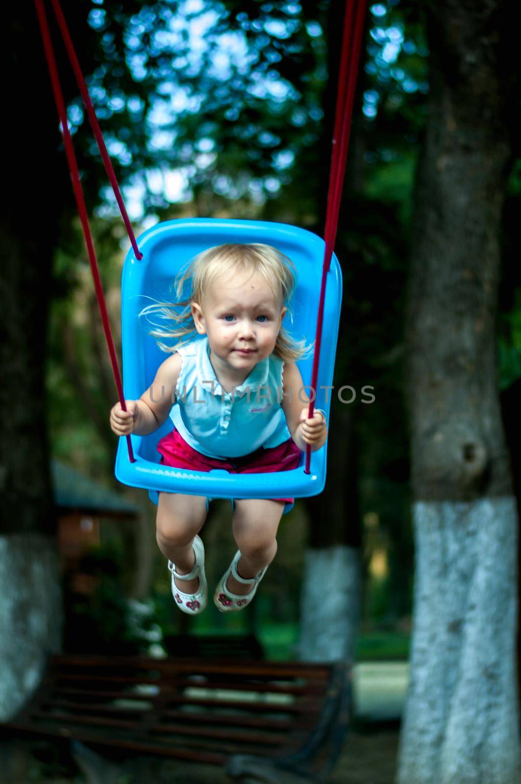 toddler girl on a swing in the park. High quality photo