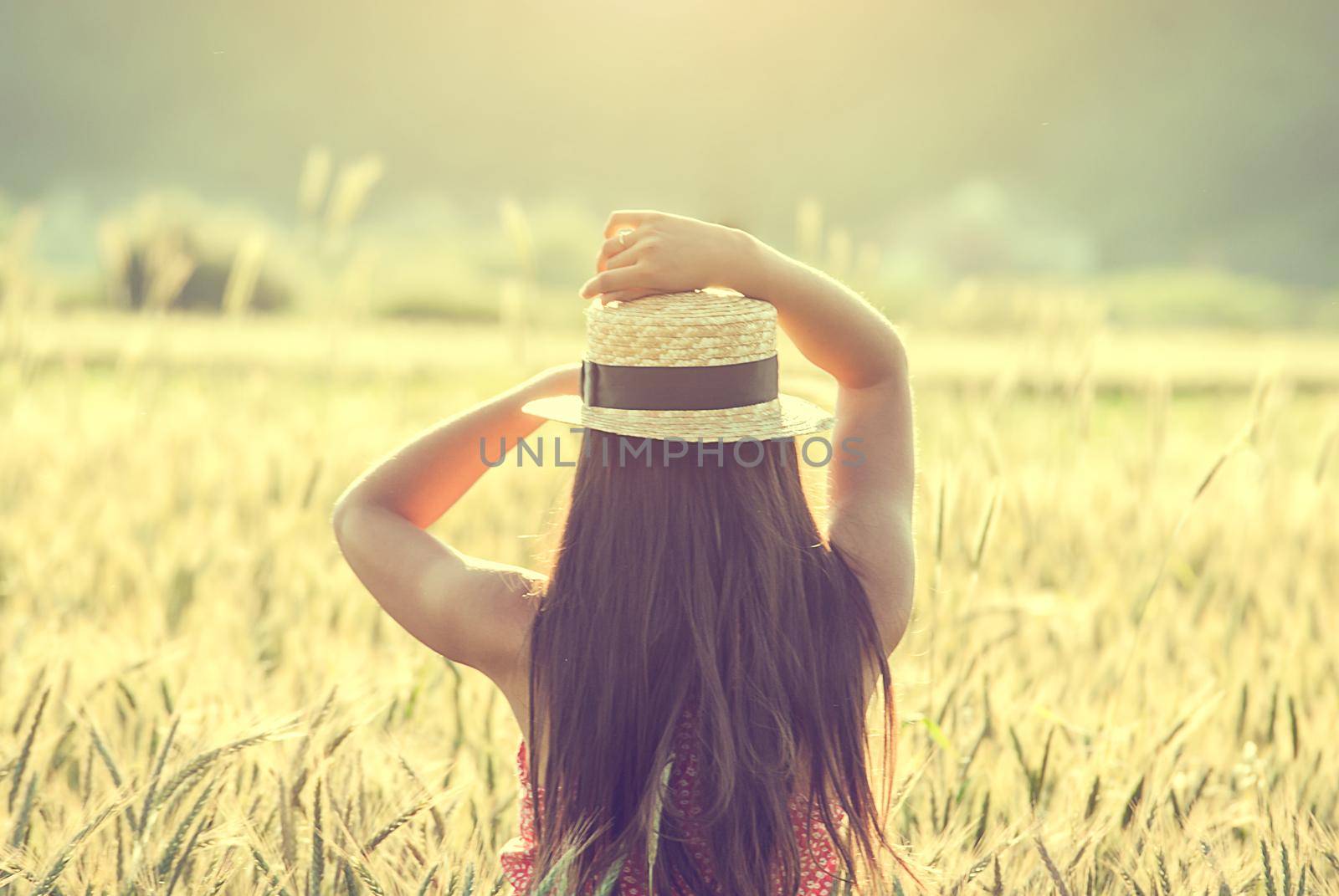 young woman in straw hat in the middle of wheat field enjoing summertime