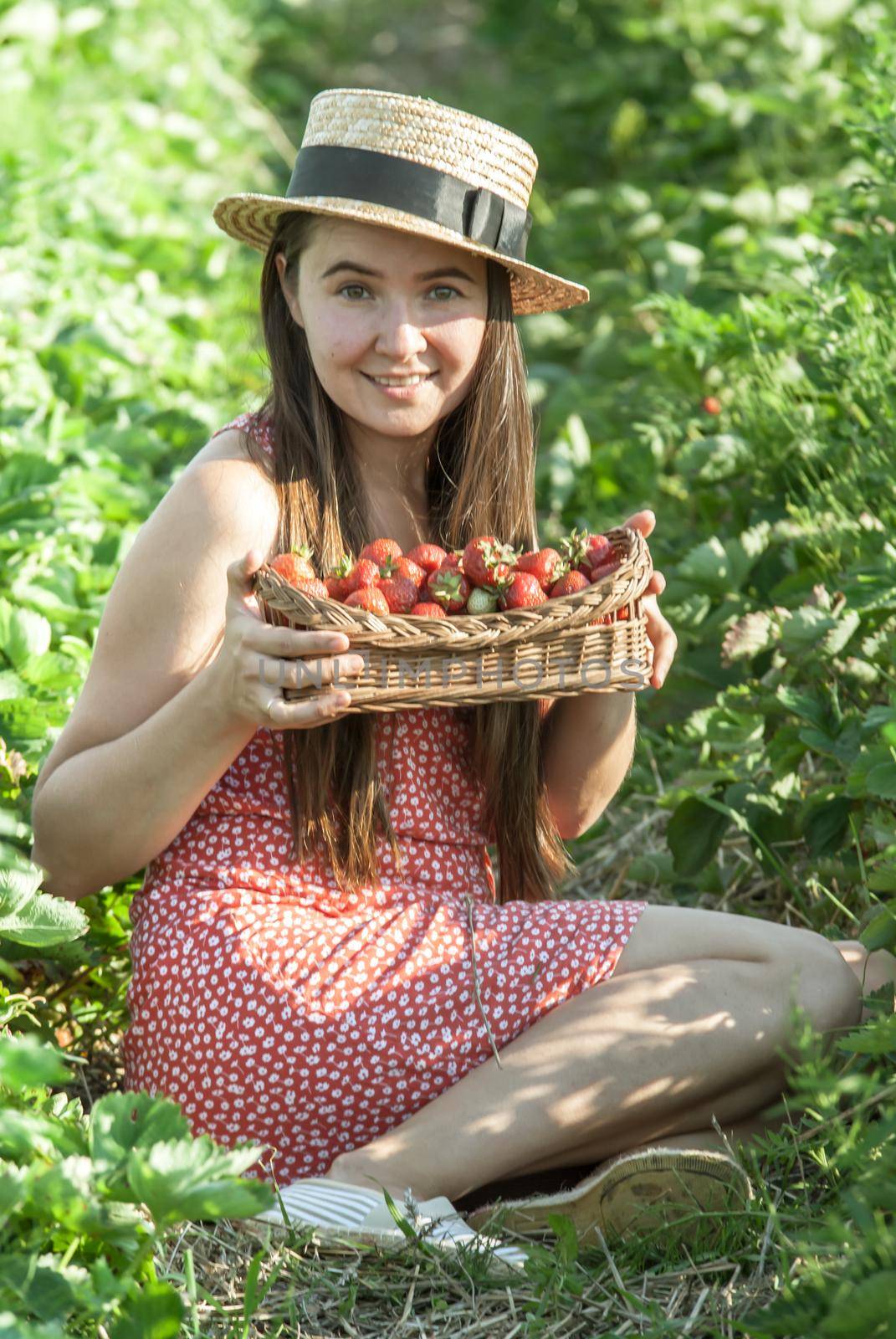 girl in strawberrry field with basket of fresh picked fruits