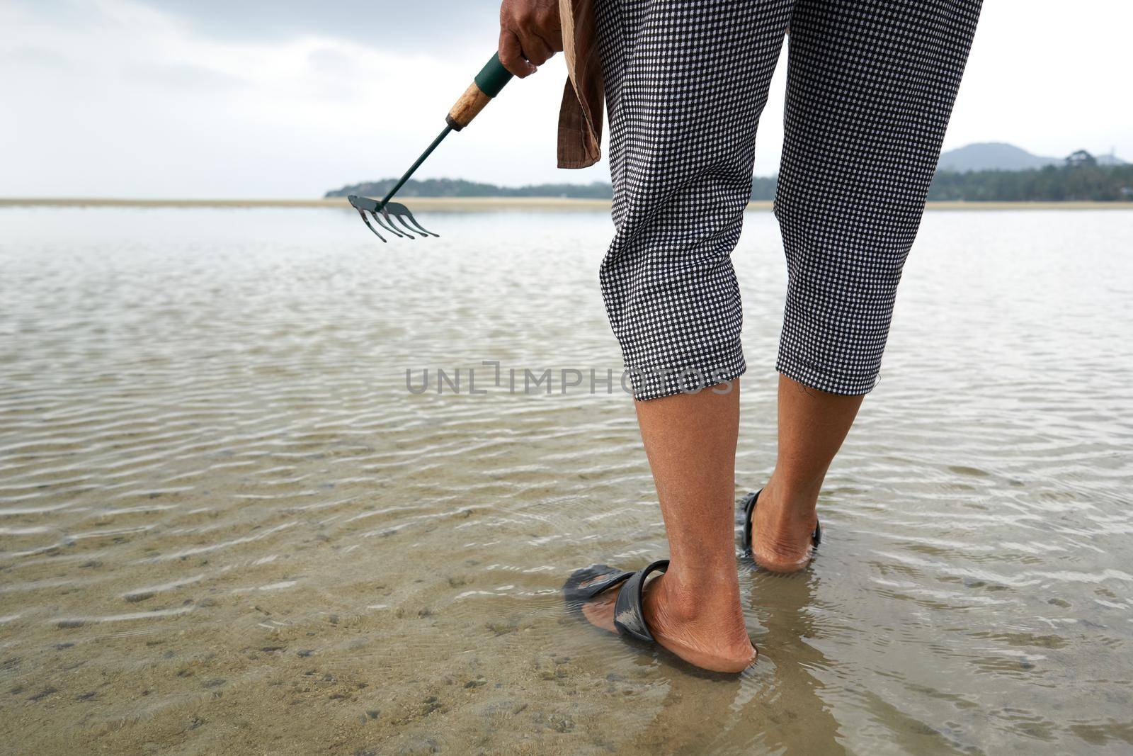 Ko Phangan, Thailand, March 15, 2022: legs of a person with a rake searching for clams