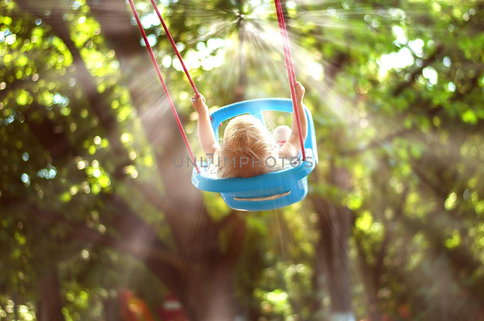 toddler girl on a swing in the park. High quality photo