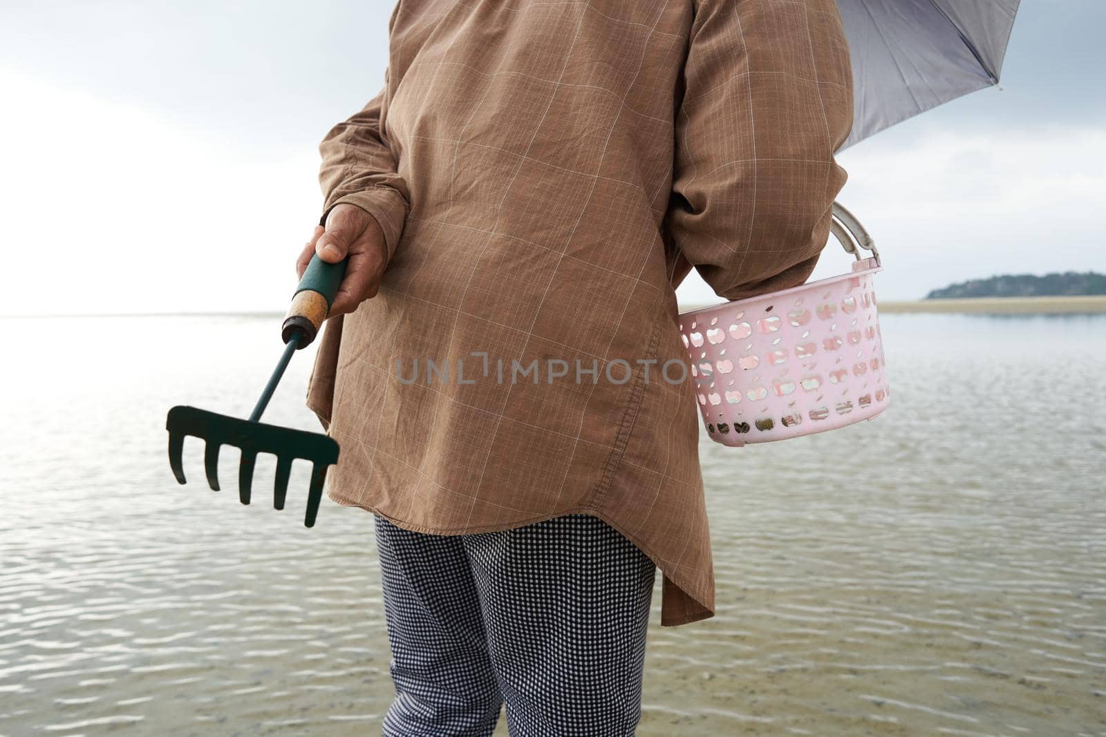 Ko Phangan, Thailand, March 15, 2022: person with a rake looking for clams by WesternExoticStockers