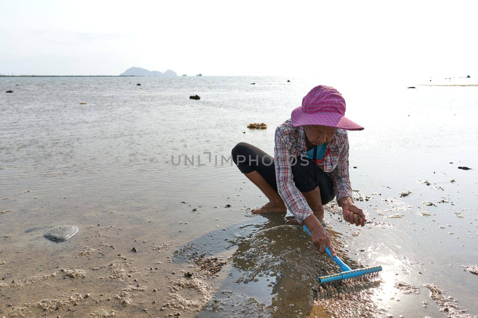 Ko Phangan, Thailand, March 15, 2022: octogenarian woman seek clams on the sea by WesternExoticStockers