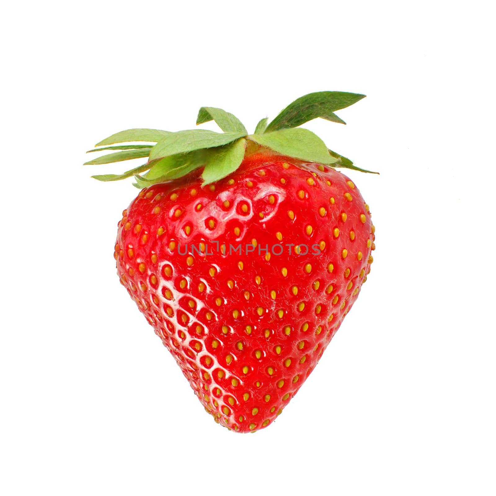 Single ripe strawberry isolated on white background.
