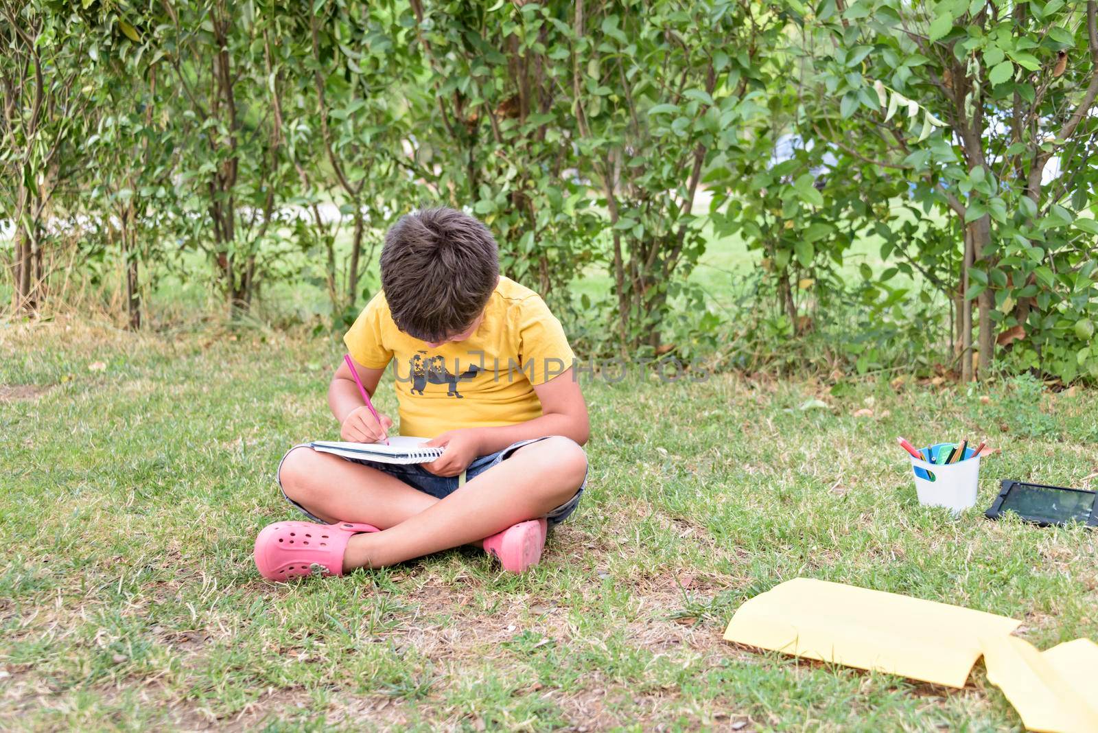 Young boy outdoors on the grass at backyard using his tablet computer. Educating and playing