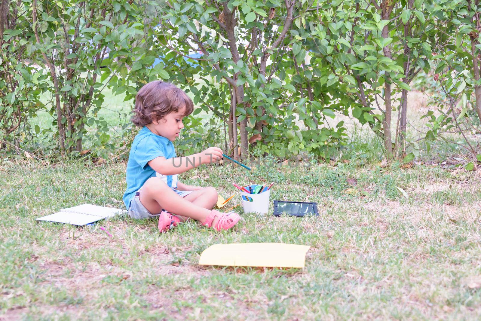 Little boy are using a magic pen to draw pictures in a book on a wooden table in park With face expression of determination. by jbruiz78