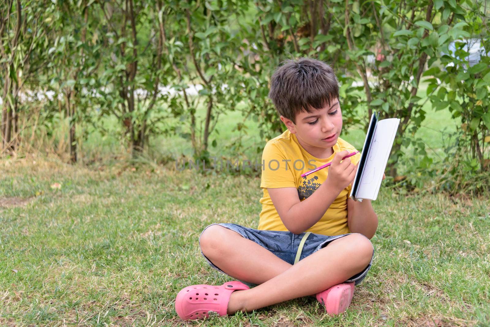 Young boy outdoors on the grass at backyard using his tablet computer. Educating and playing