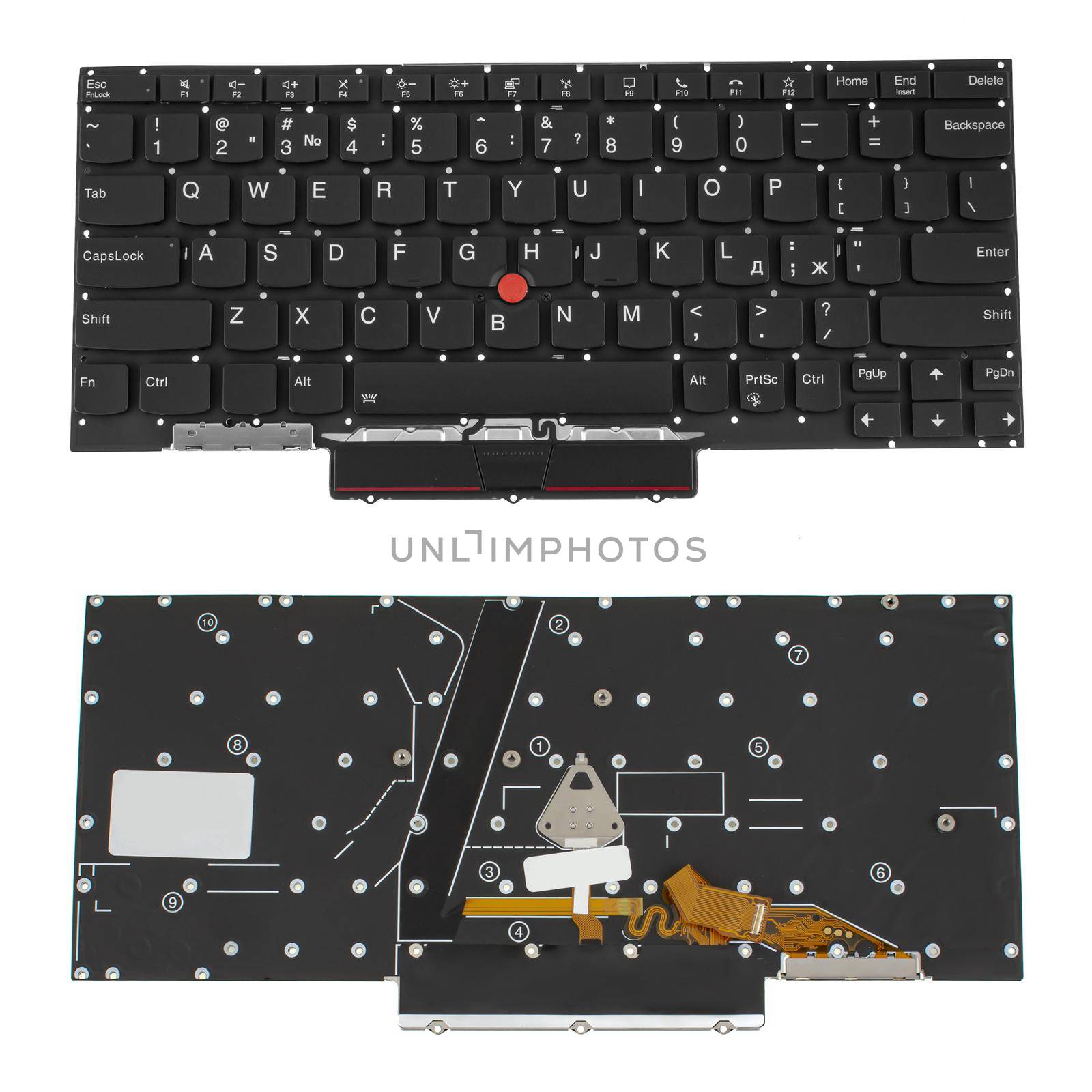 Keyboard for laptop, view from two sides on a white background