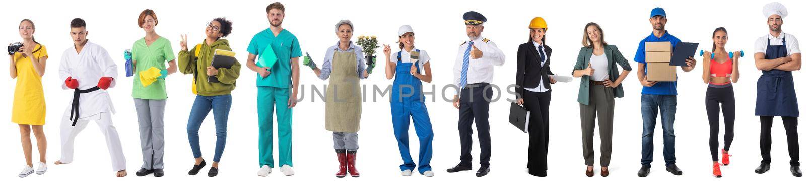 Full length portraits of group of people of diverse different professions of business, medicine, construction industry on white