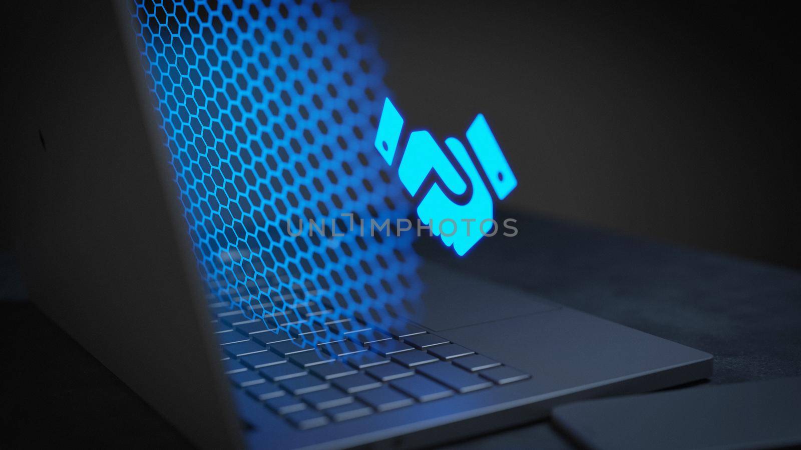 Business partnership technology concept dark background glowing outside screen of laptop 3D Render