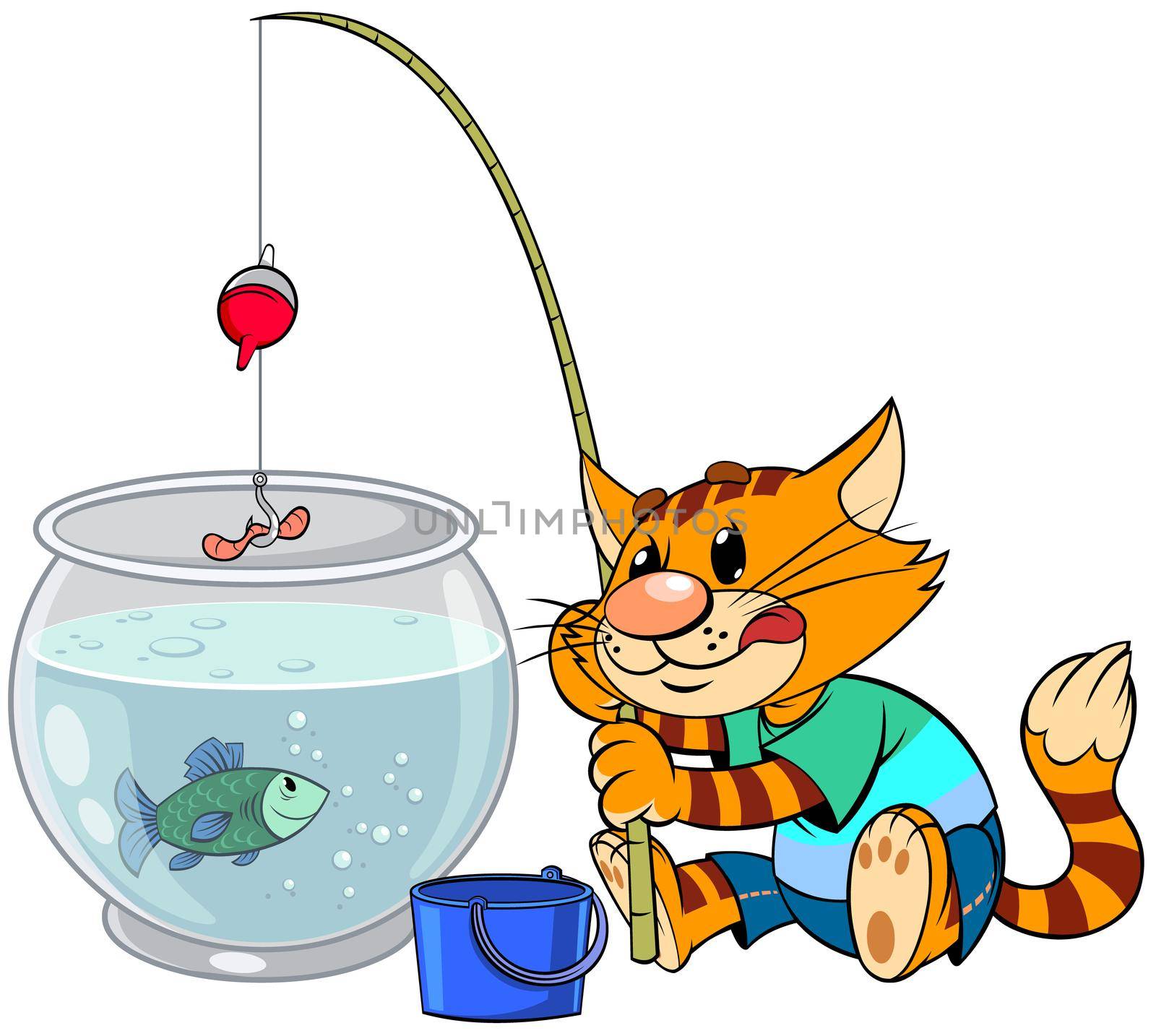 Color vector illustration of a cartoon red cat fishing from an aquarium ball.