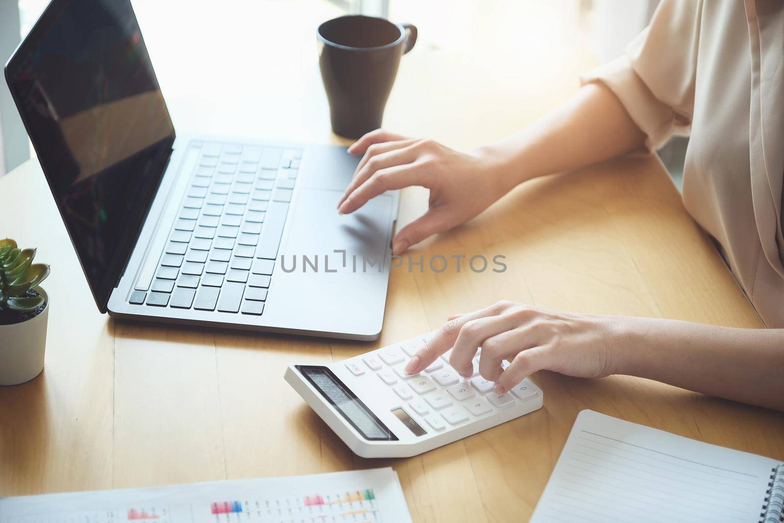 Business woman using calculator to review balance sheet annual using document and laptop computer to calculating budget. audit and Check integrity before investment concept by Manastrong