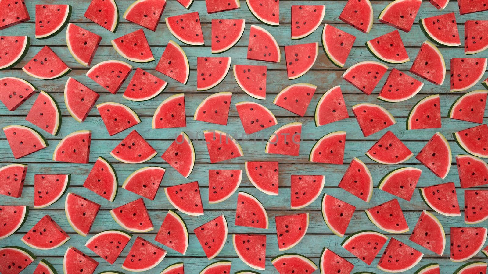watermelon slice on wooden background. Summer color. 3d-rendering.