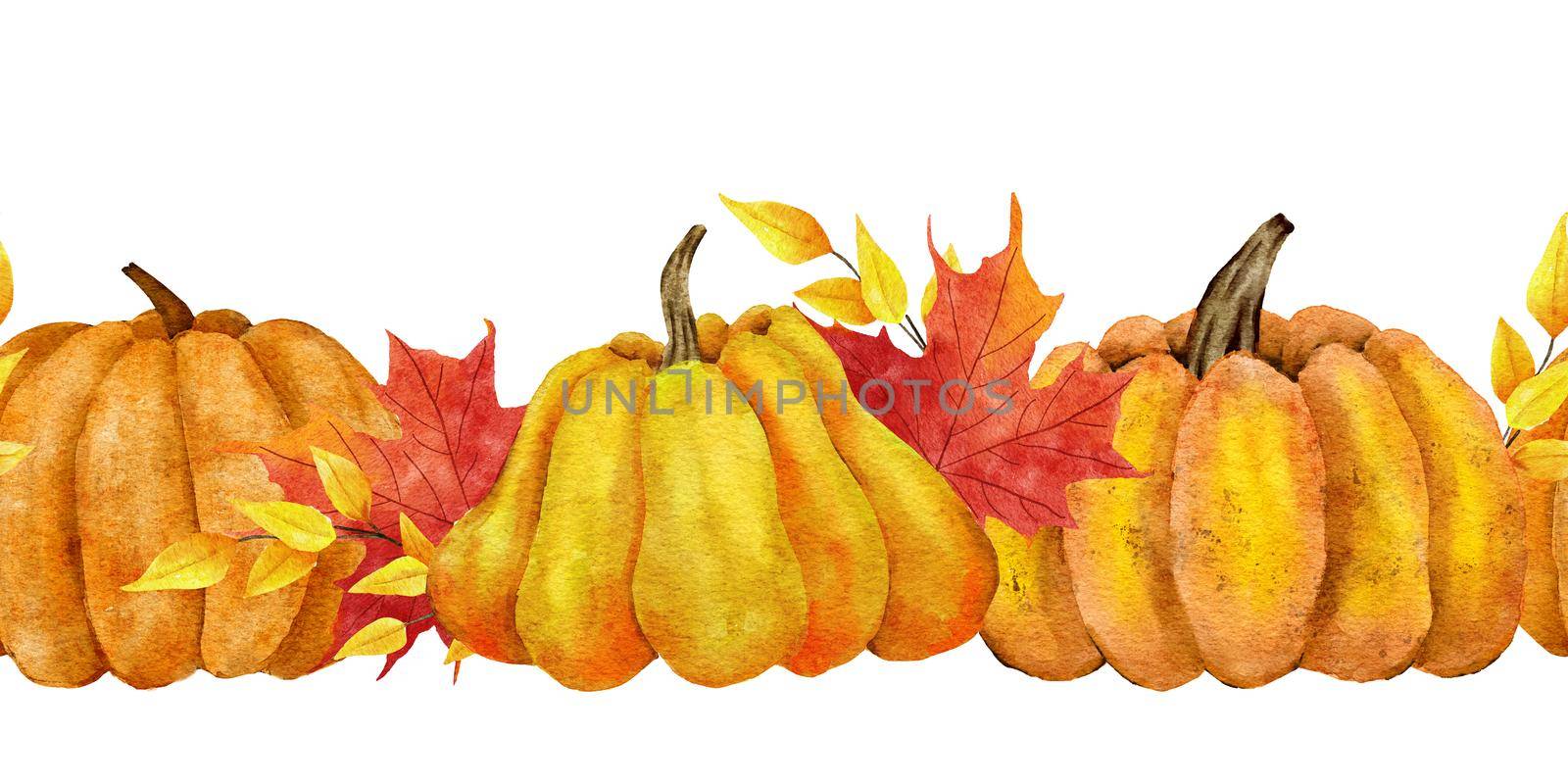 Watercolor hand drawn seamless horizontal border with yellow pumpkings fall autumn leaves. Thanksgiving frame background banner, october november harvest farm cottage art. by Lagmar