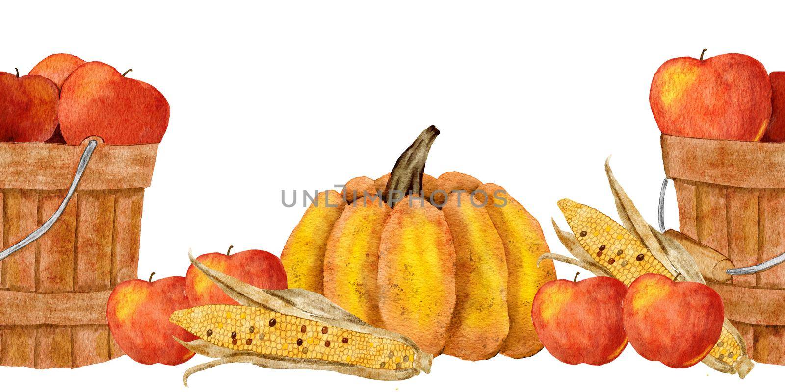 Watercolor hand drawn seamless horizontal border with yellow pumpkings corn apple basket, fall autumn leaves. Thanksgiving frame background banner, october november harvest farm cottage art