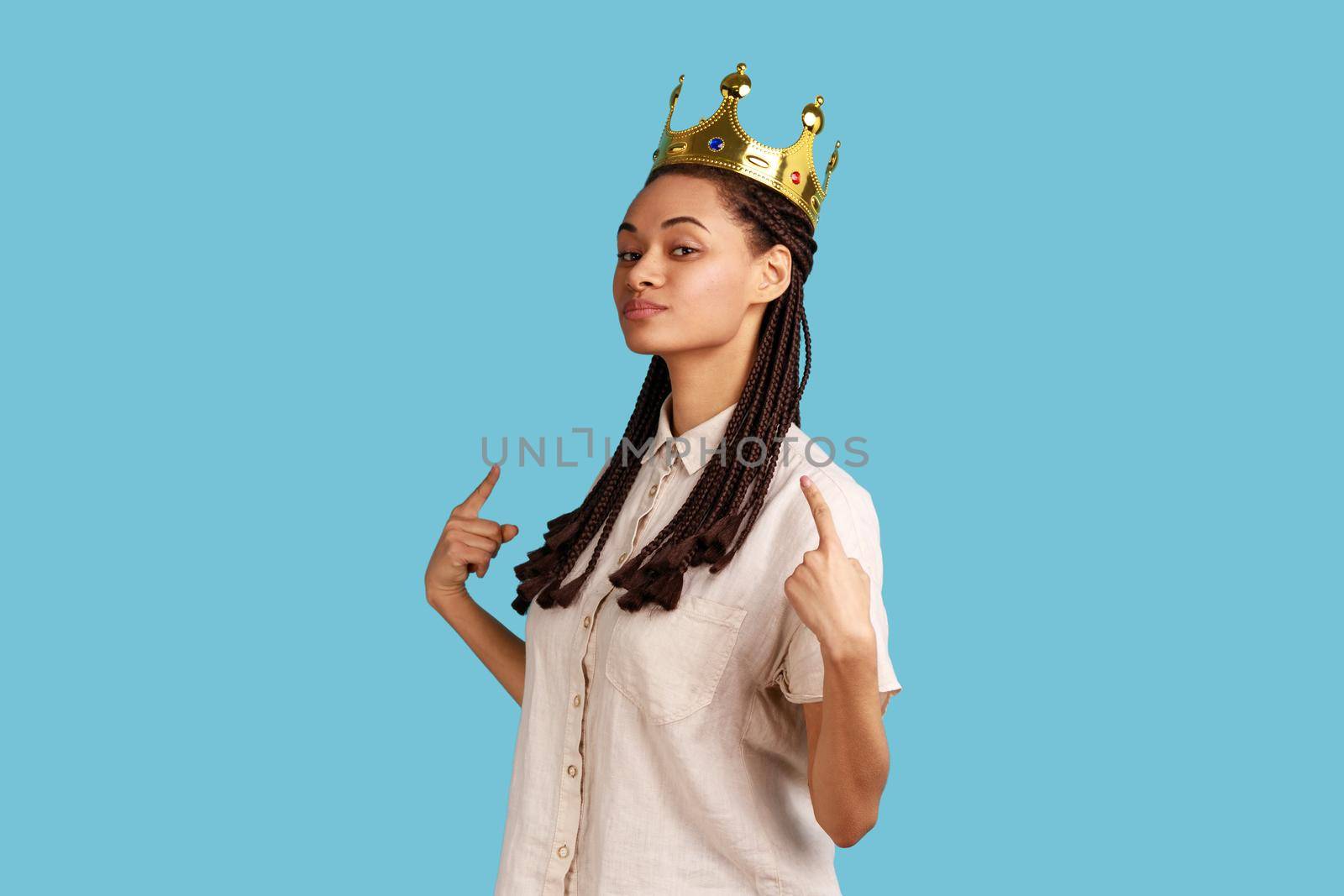 Arrogant woman with dreadlocks, standing in gold crown, pointing at herself with pride. by Khosro1