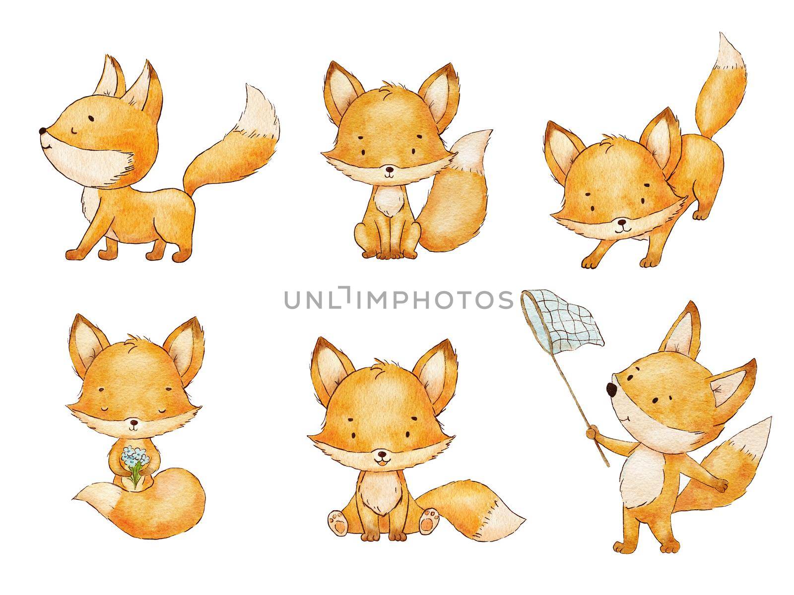Set of cute cartoon foxes in different poses. Watercolor childish illustration isolated on white. Woodland little animal. Summer activity