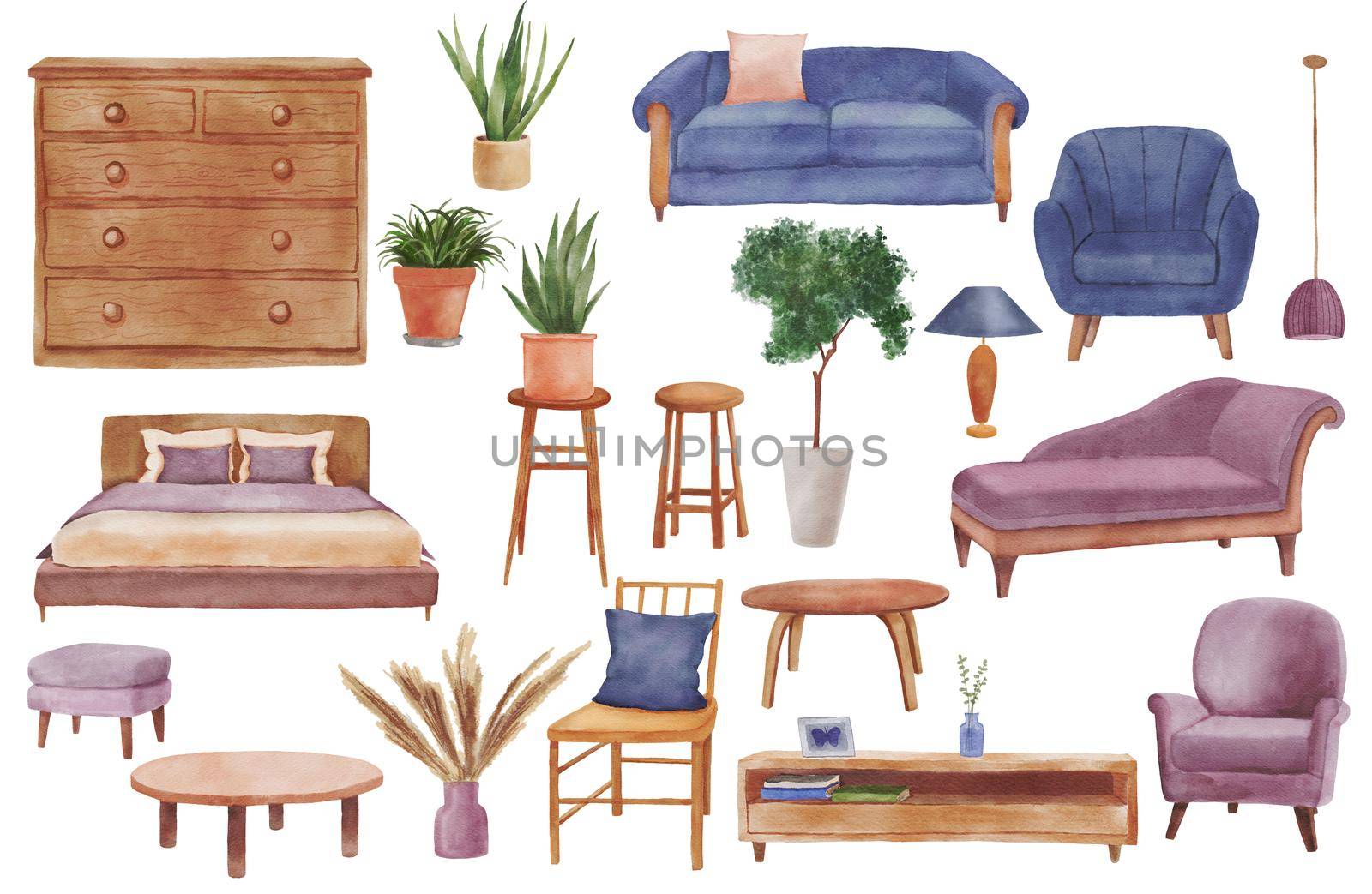 Watercolor hand drawn classic cozy home interior with potted plants. Blue decor elements for living room isolated on white. Chest of drawers, sofa and bed