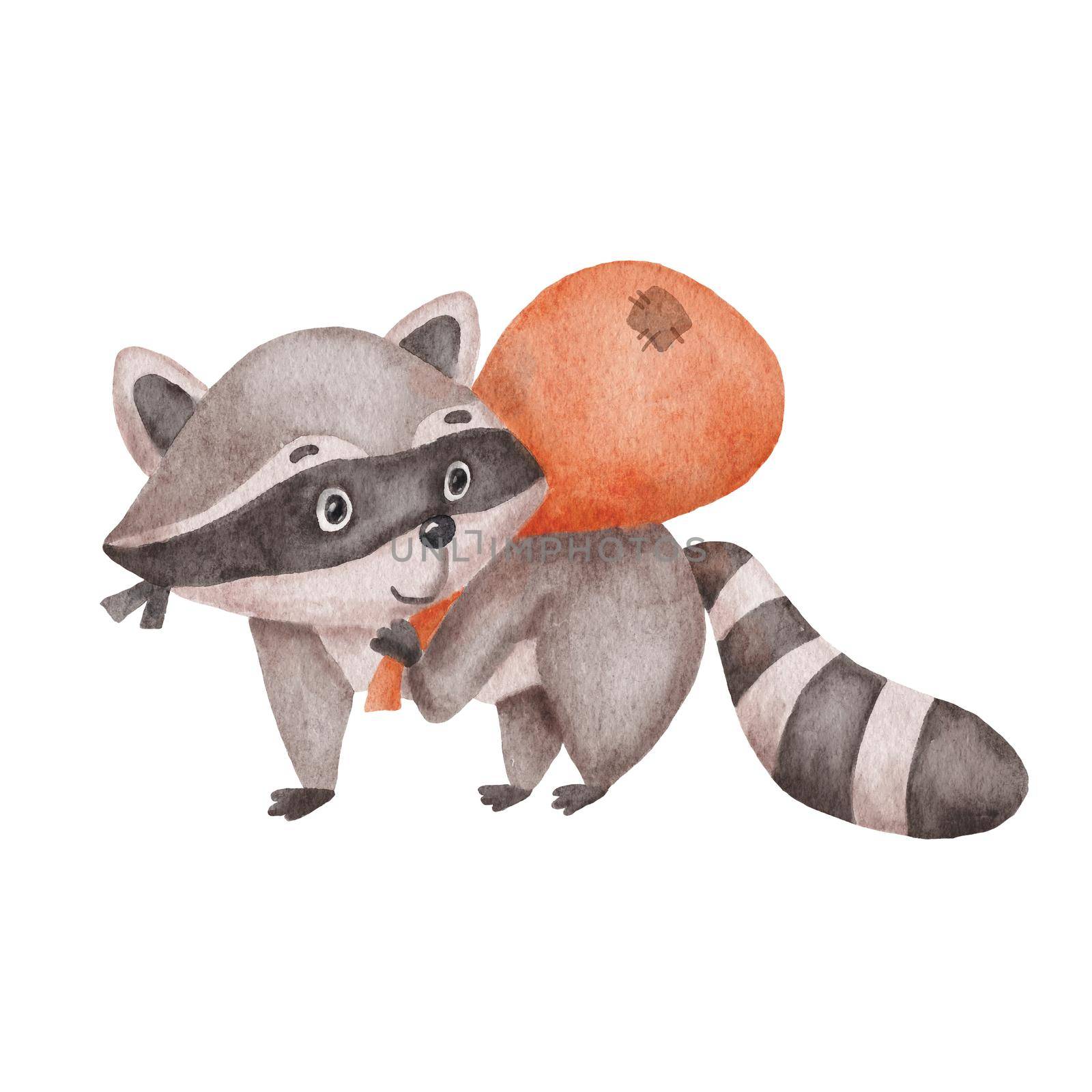 Funny character raccoon thief with bag and mask. Watercolor drawing isolated on white background by ElenaPlatova