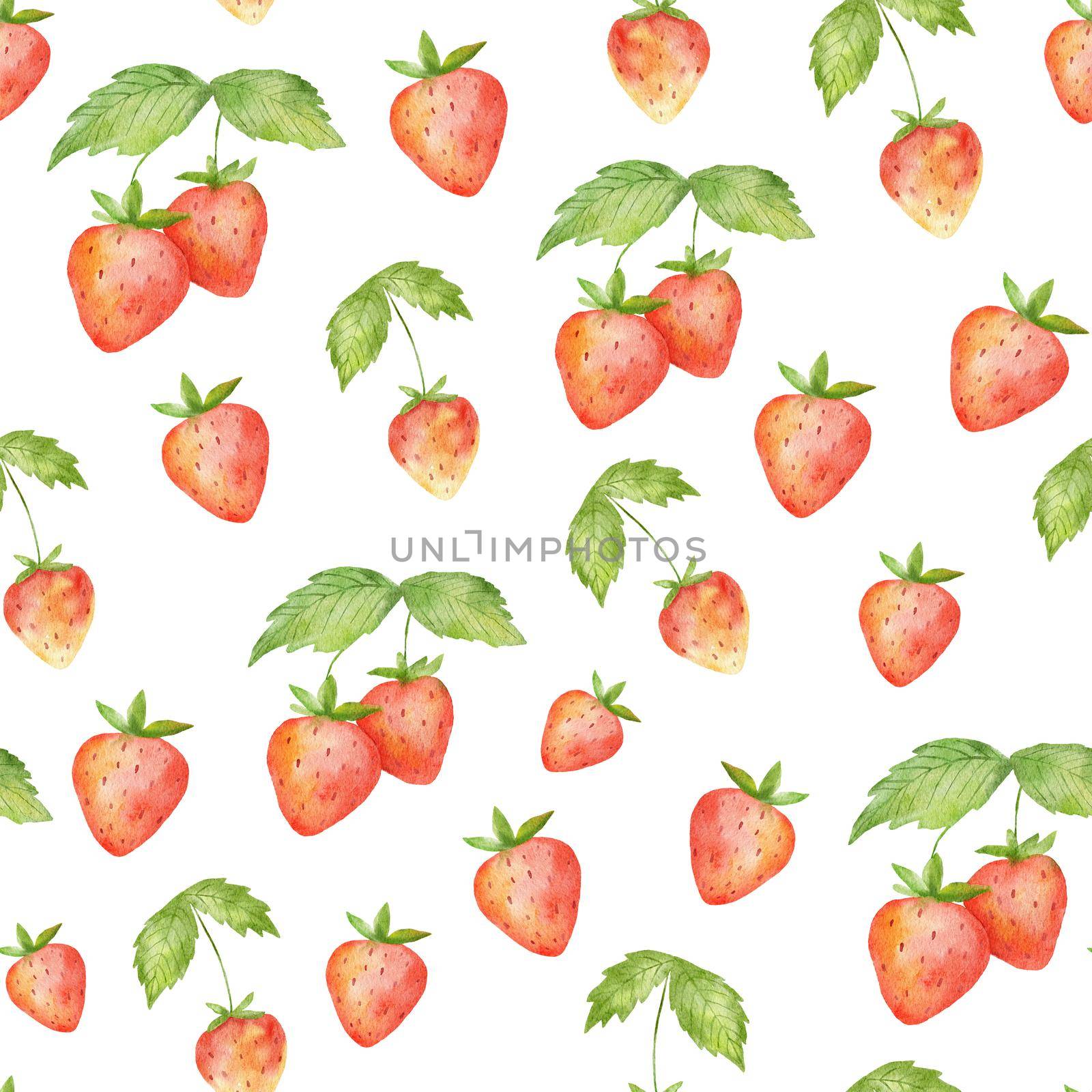 Watercolor seamless pattern with cute strawberry and green leaf. Stylized drawing illustration of summer berry isolated on white by ElenaPlatova
