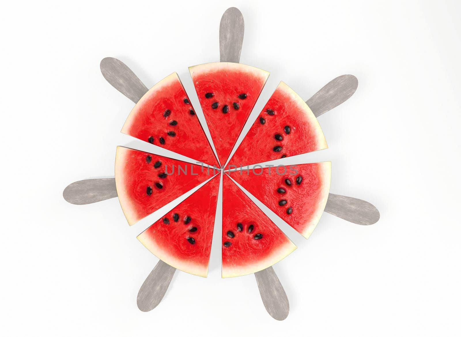 Smooth sliced watermelon on a stick on a white background 3d-rendering.